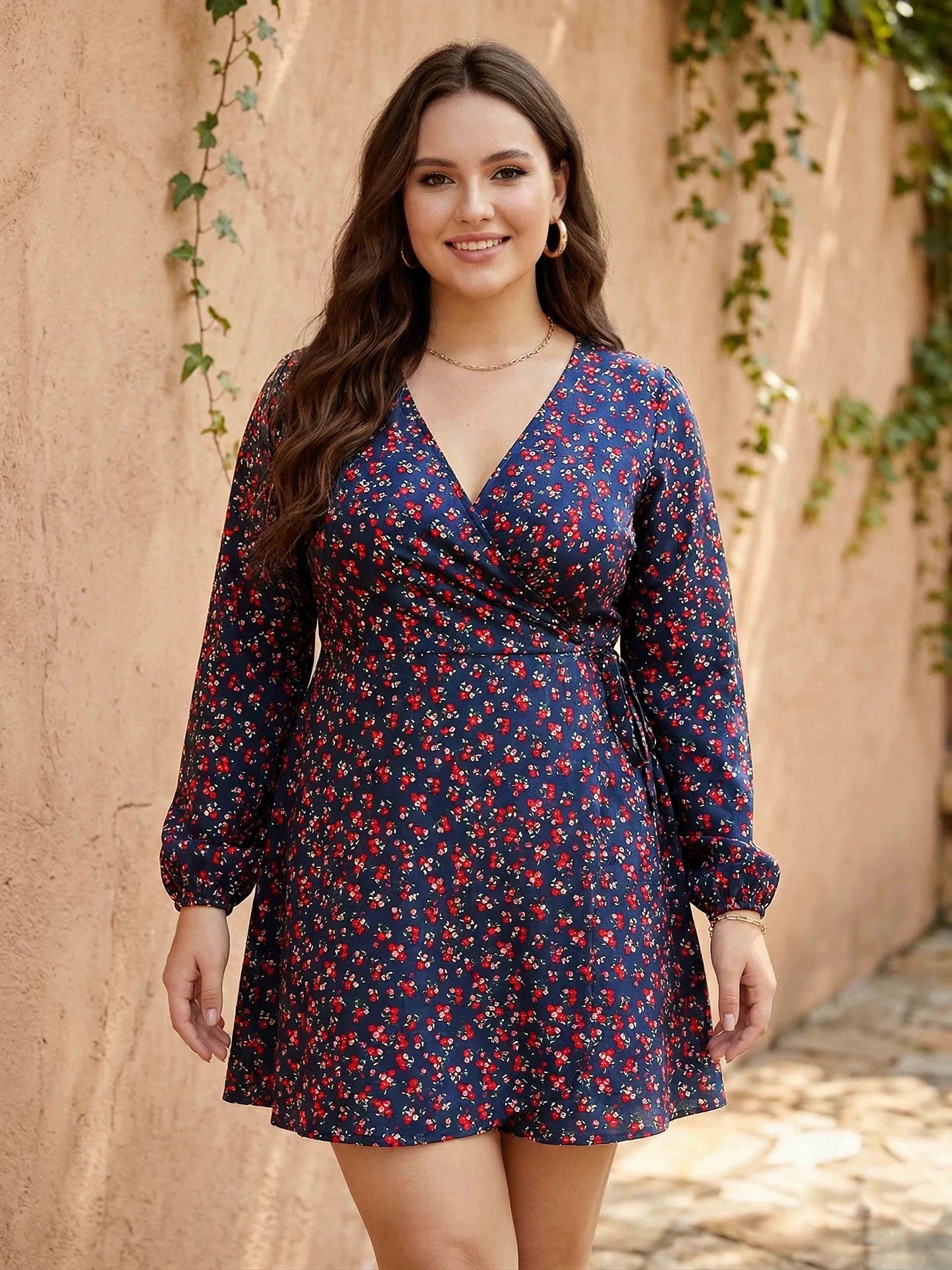 Women Plus Size Navy Blue & Red Floral Printed V-Neck Waist Tie-Up Fit & Flare Wrap Mini Dress - Berrylush Women Plus Size Navy Blue & Red Floral Printed V-Neck Waist Tie-Up Fit & Flare Wrap Mini Dress - Berrylush