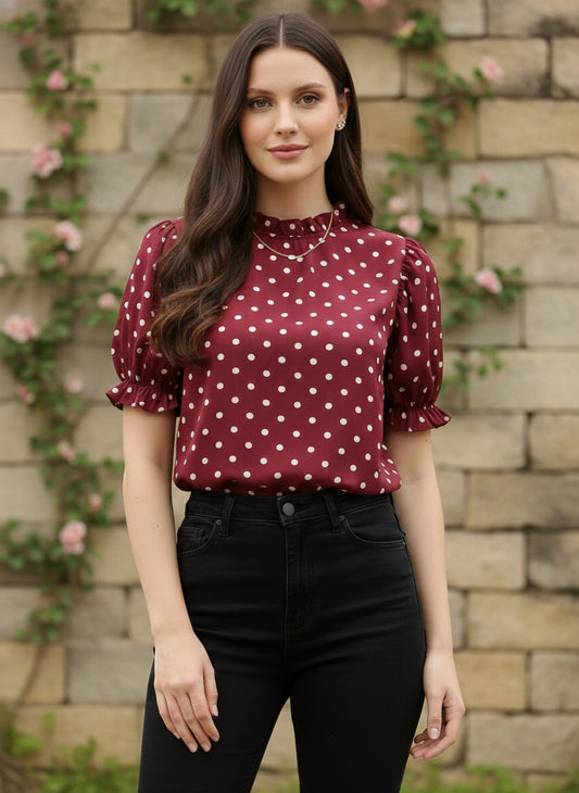 Berrylush Women Red Polka Dot Printed Crepe Regular Top