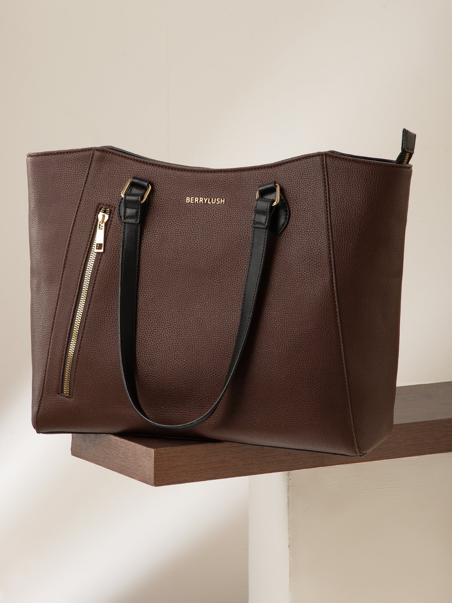 Berrylush Women Solid Brown Synthetic Leather Two-Handle Embellished Regular Shoulder Bag