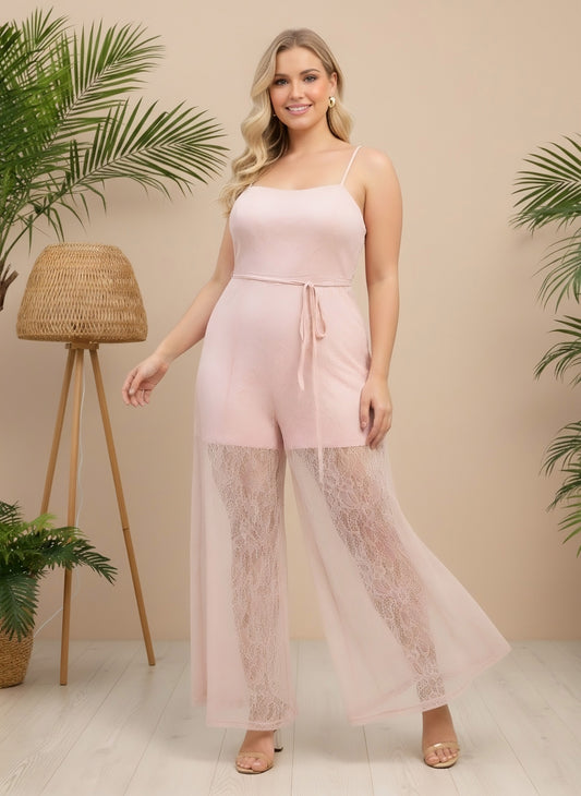 Berrylush Curve Women Solid Pink Square Neck Sleeveless Cotton Waist Tie-Up Straight Hem Maxi Jumpsuit