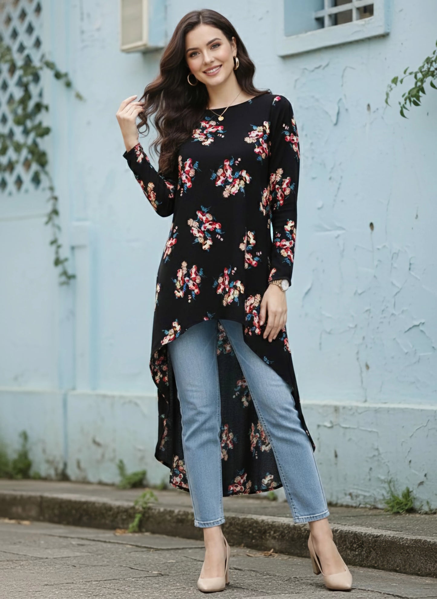 Berrylush Women Black & Pink Floral Printed Boat Neck Longline High-Low Top