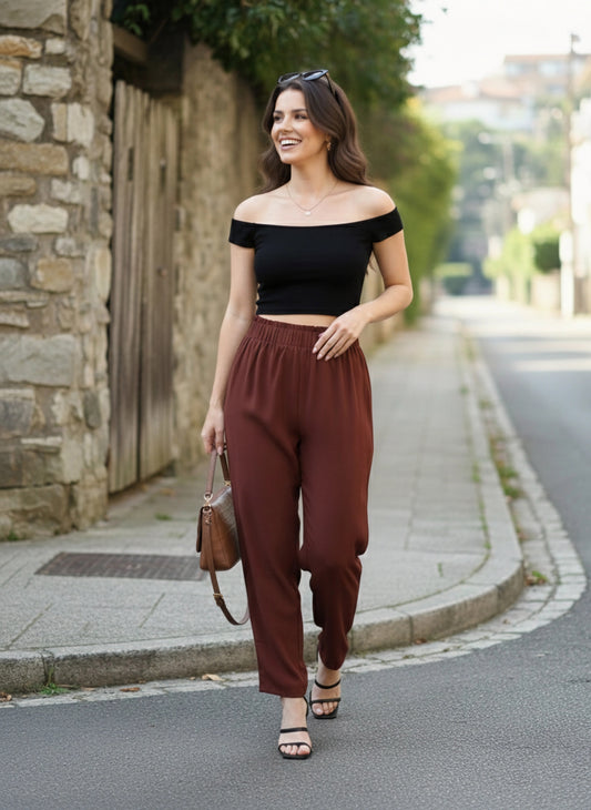 Berrylush Women Solid Maroon Elastic Waist High-Rise Wide Leg Flared Trousers