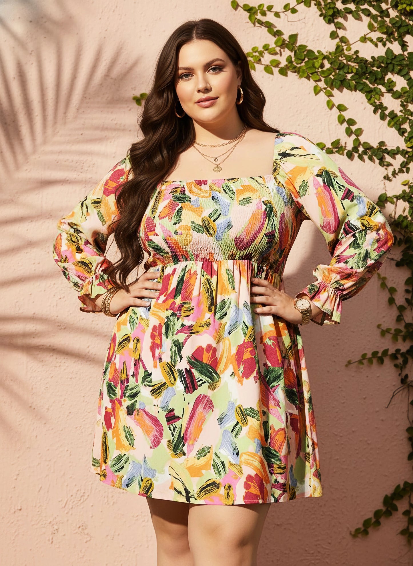 Curve Pink & Multicolour Abstract Printed Square Neck Bishop Sleeves Smocked Fit & Flare Mini Dress