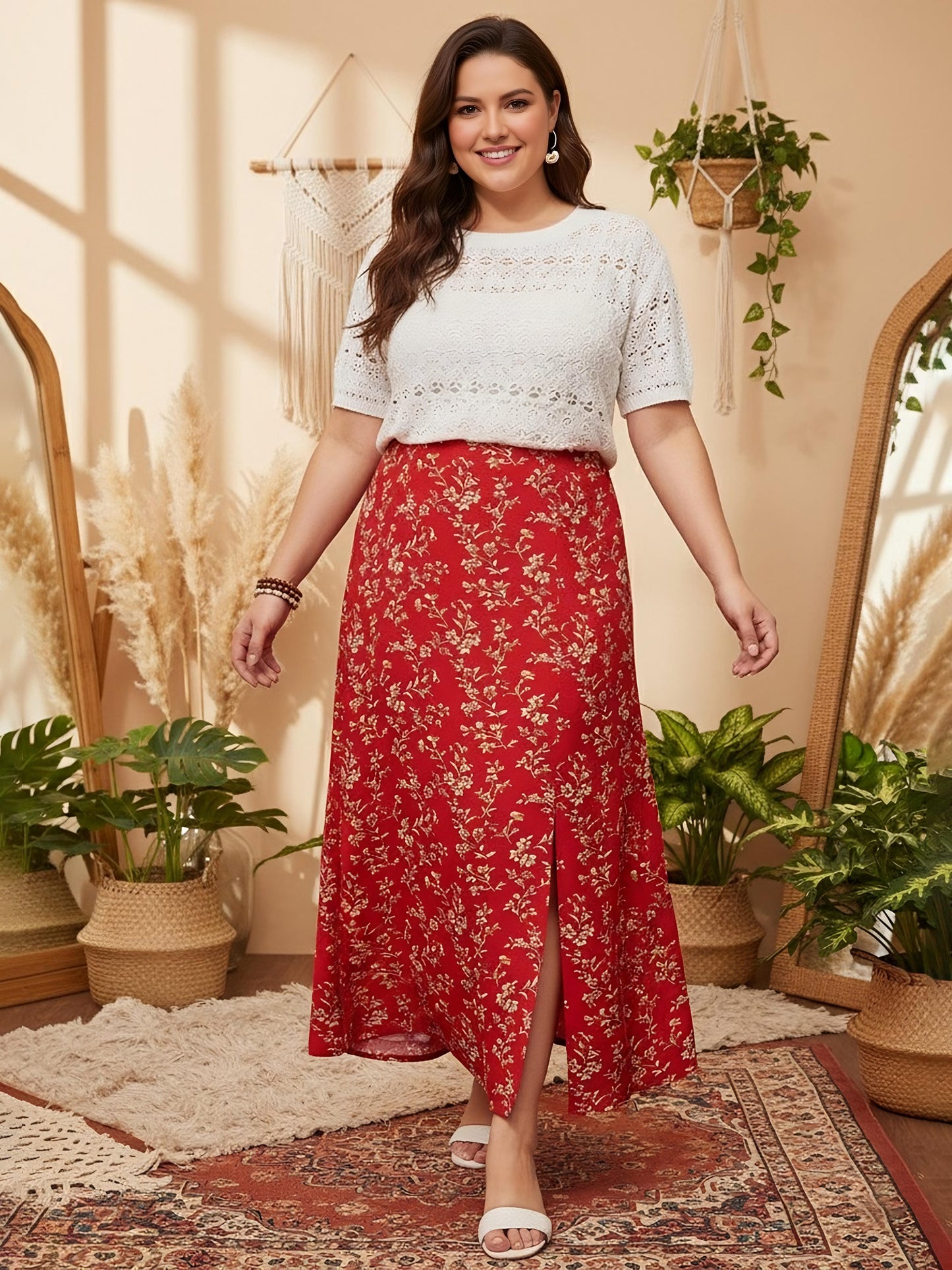 Berrylush Women Plus Size Red & White Floral Printed High-Rise Waist Thigh-High Slit Flared A-Line Maxi Skirt