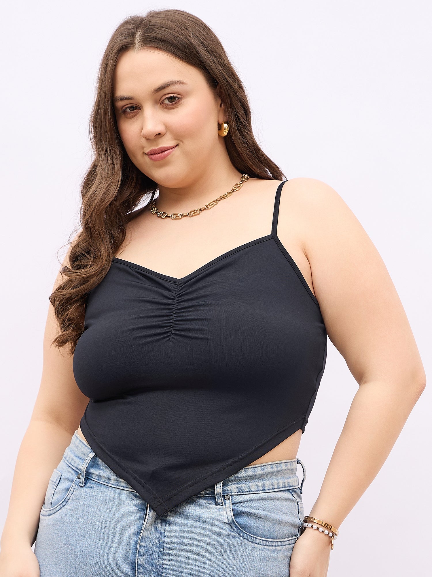 Curve Black Solid Shoulder Straps Asymmetrical Cami Crop Top