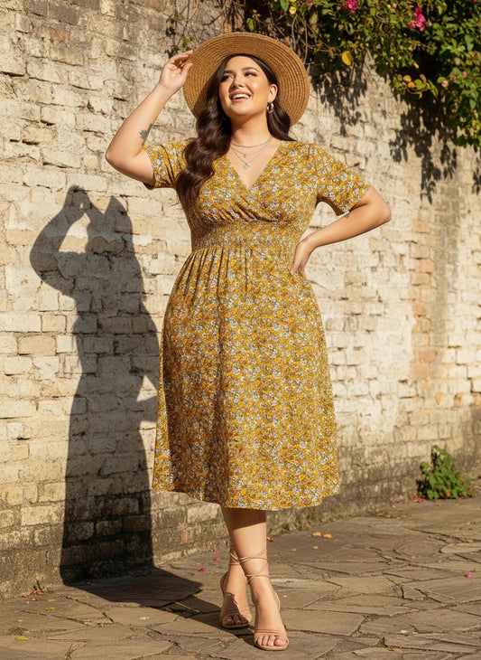 Curve Mustard Yellow & White Floral Printed V-Neck Short Sleeves Wrap Smocked Fit & Flare Midi Dress