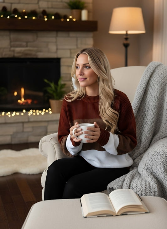 Berrylush Women Brown & White Striped Pattern Round Neck Acrylic Straight Hem Regular Pullover