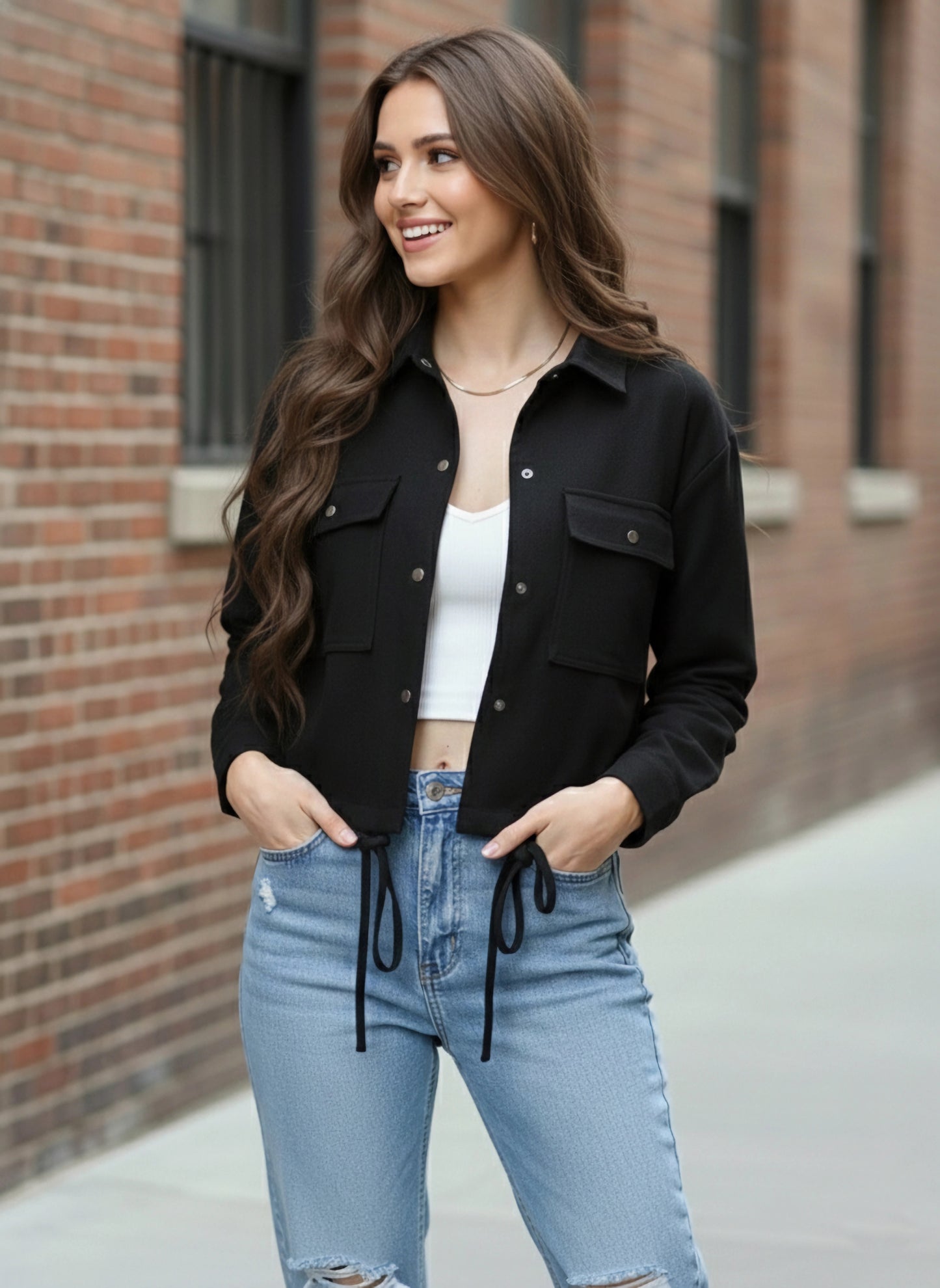 Berrylush Women Solid Black Spread Collar Neck Front Snap-Button Cotton Straight Hem Regular Jacket