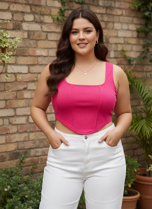 Berrylush Curve Women Pink Solid Square Neck Fitted Crop Top