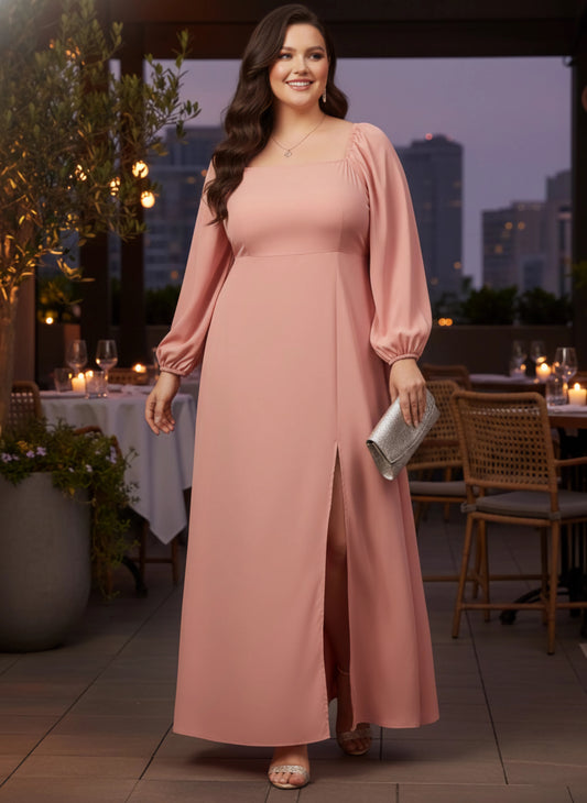 Berrylush Curve Women Solid Peach Square Neck Crepe Thigh-High Slit Flared A-Line Maxi Dress