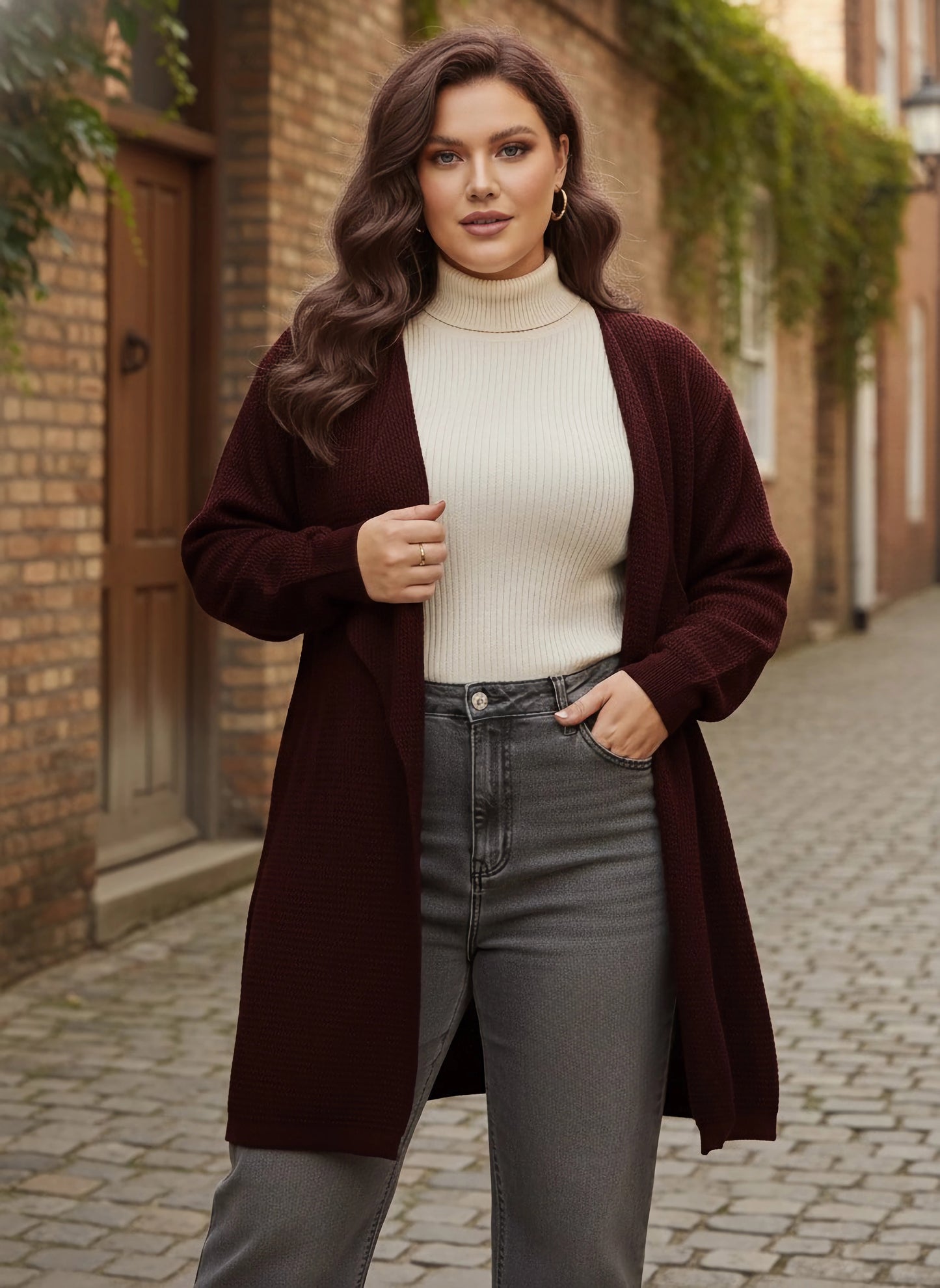 Berrylush Curve Women Solid Maroon Open-Front Acrylic Straight Hem Knitted Longline Cardigan