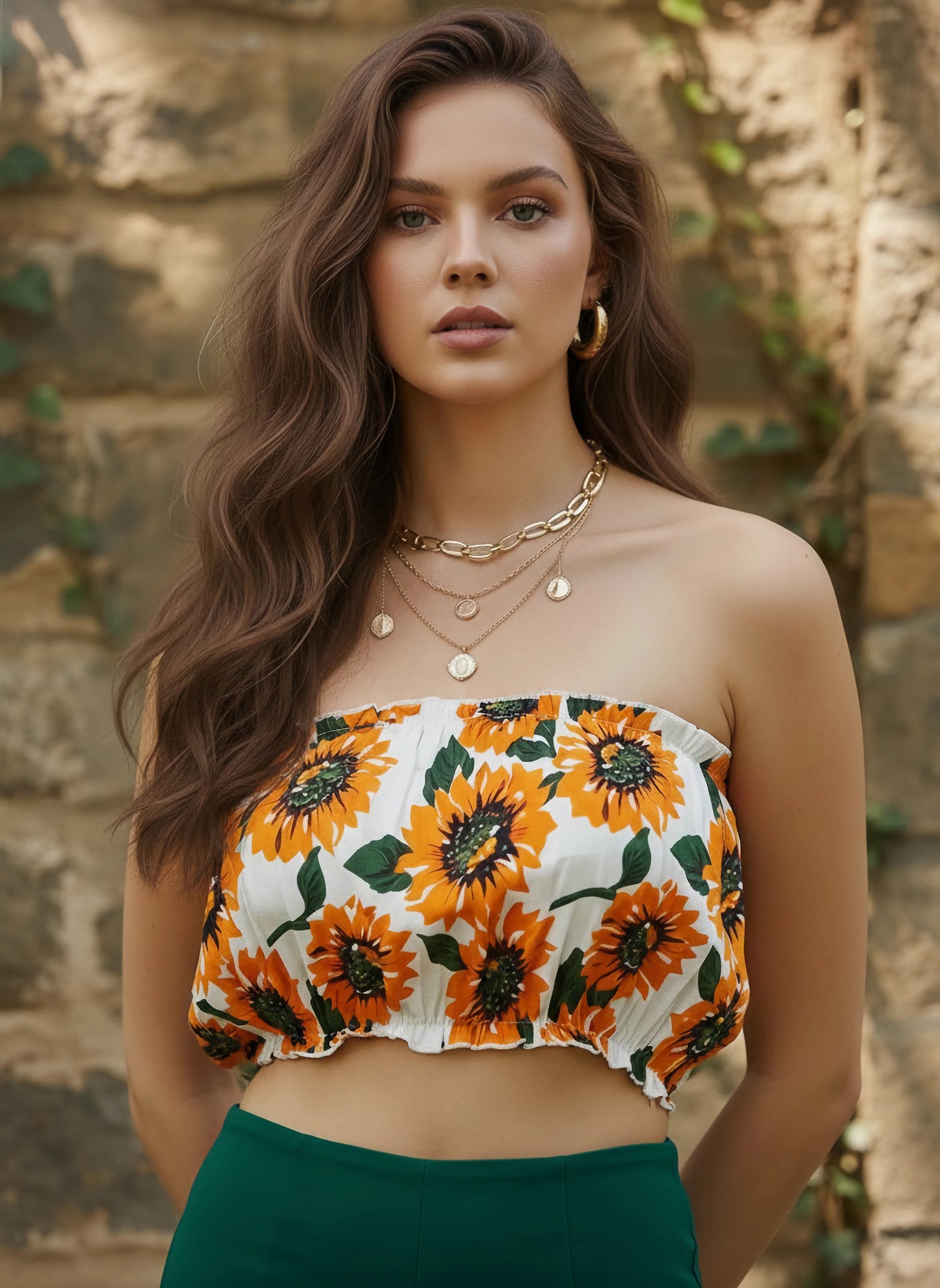 Berrylush Women Mustard Floral Printed Bandeau Ruffled Crop Top