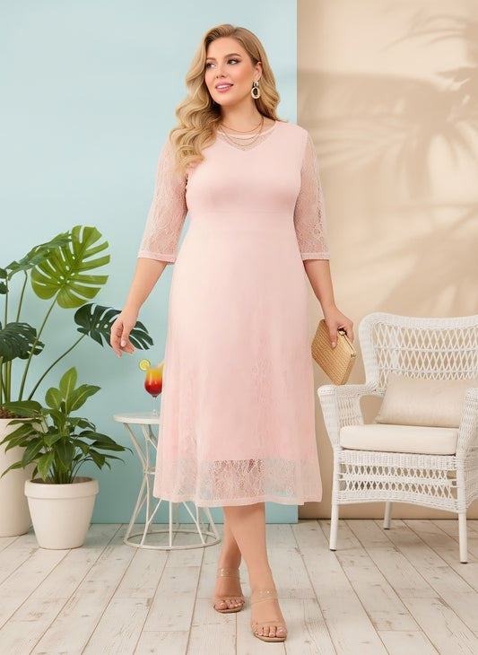 Berrylush Curve Women Solid Pink Round Neck Three-Quarter Sleeves Cotton Allover Lace Flared A-Line Midi Dress