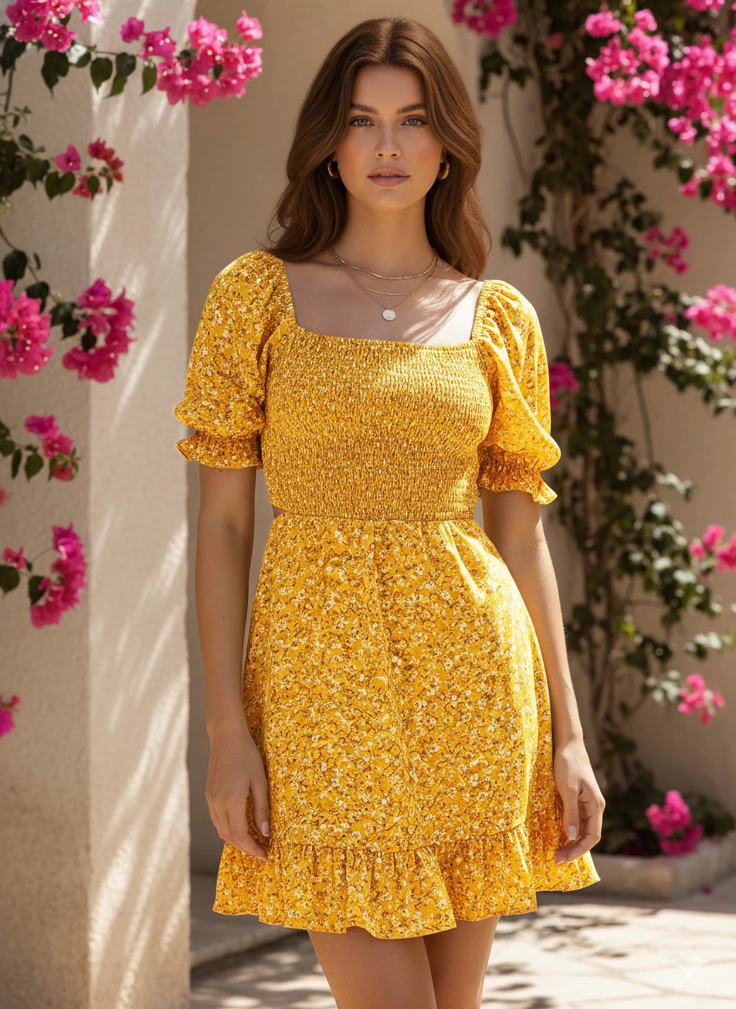 Berrylush Women Yellow Floral Printed Square Neck Back Cutout Tie-Up Flounce Hem Smocked A-Line Mini Dress