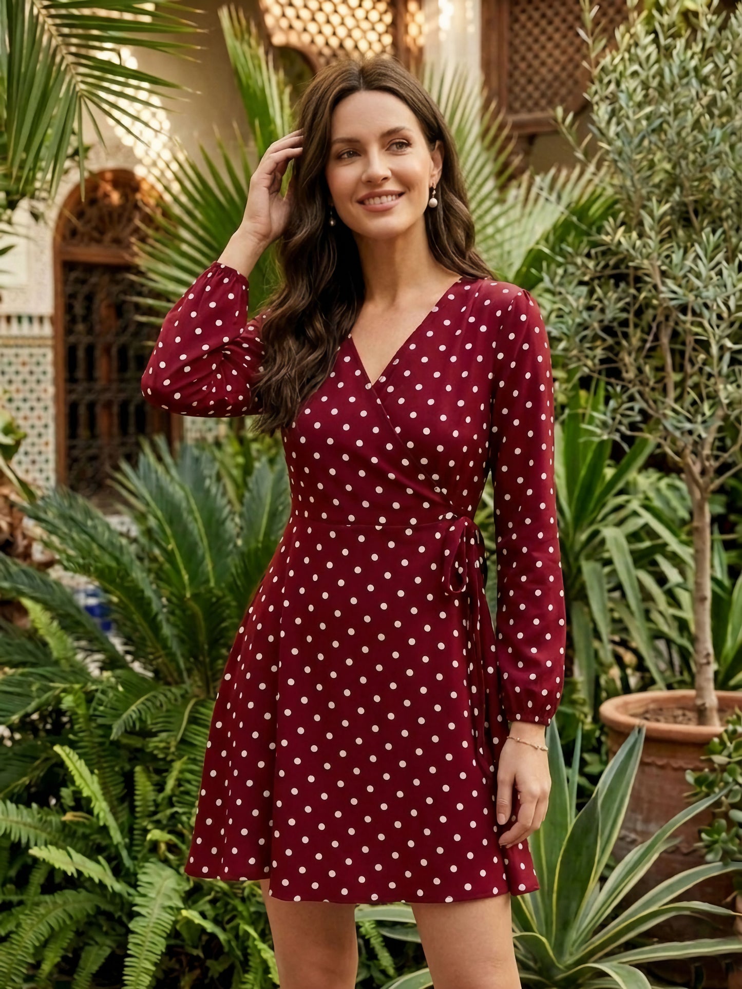 Berrylush Women Red & White Polka Dot Printed Wrap Mini Dress