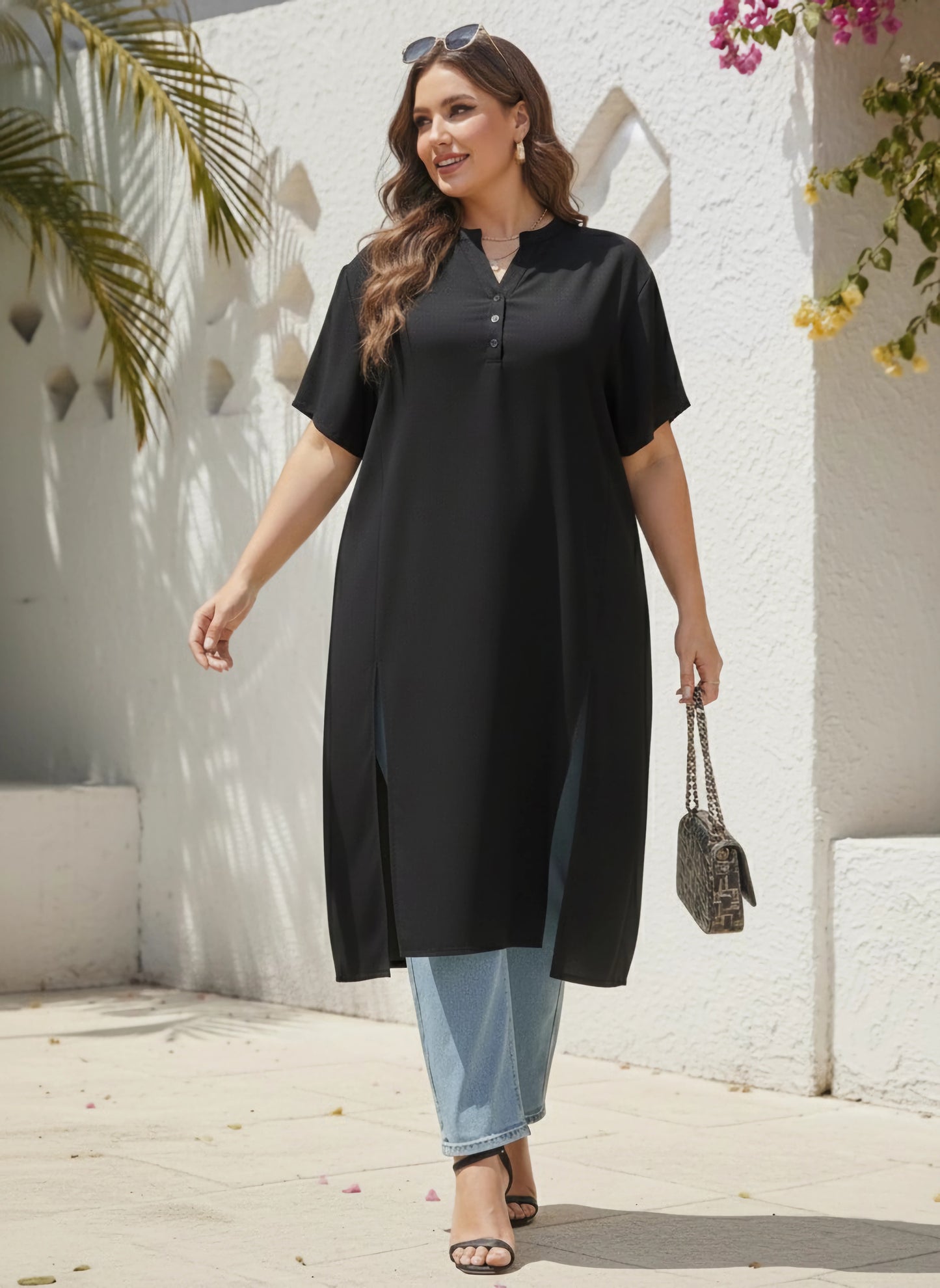 Curve Solid Black Stand Collar Neck Button-Up Side-Slited Logline Top