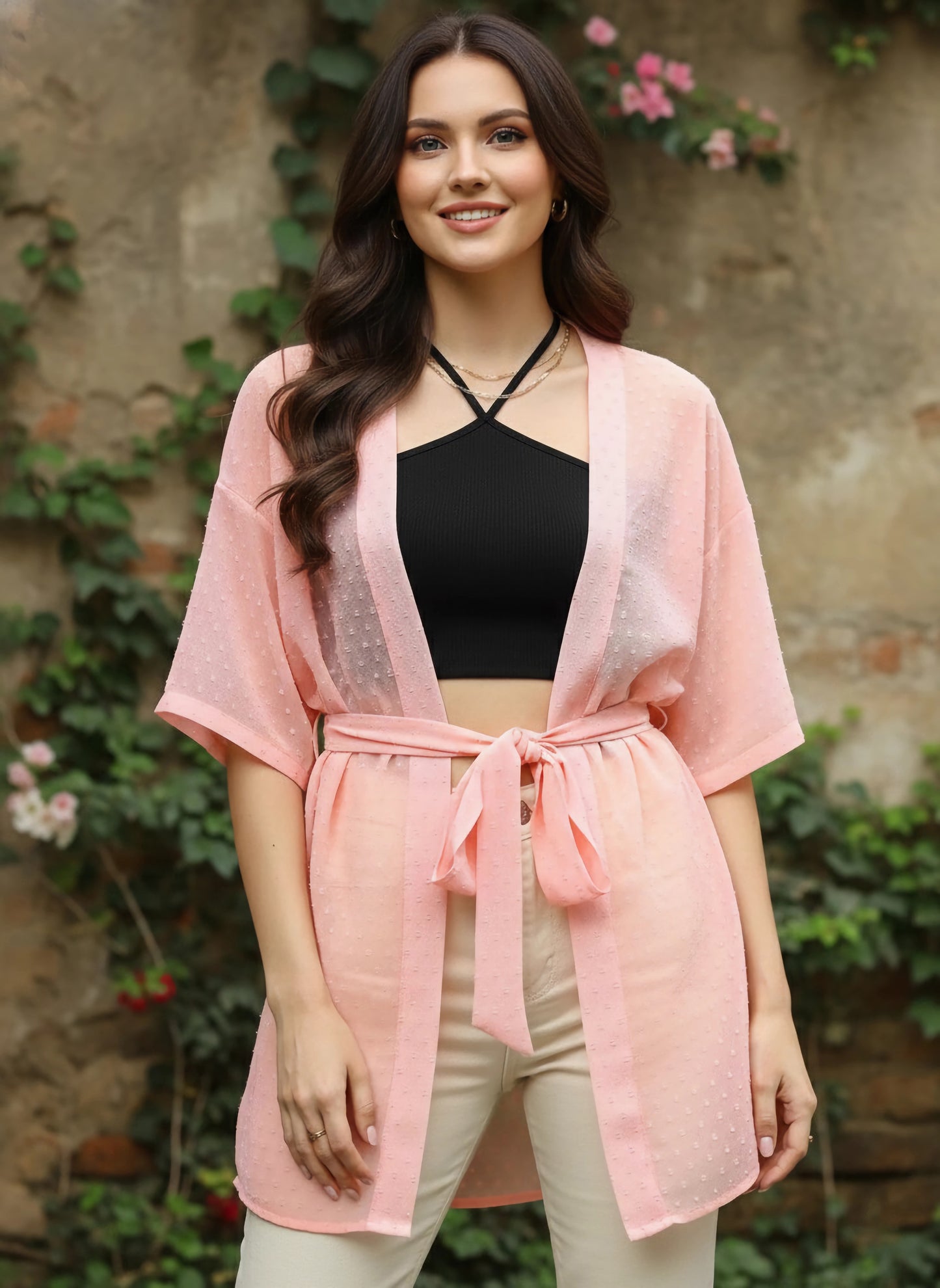 Berrylush Women Pink Self-Design Pattern Open Front Waist Tie-Up Georgette Regular Shrug