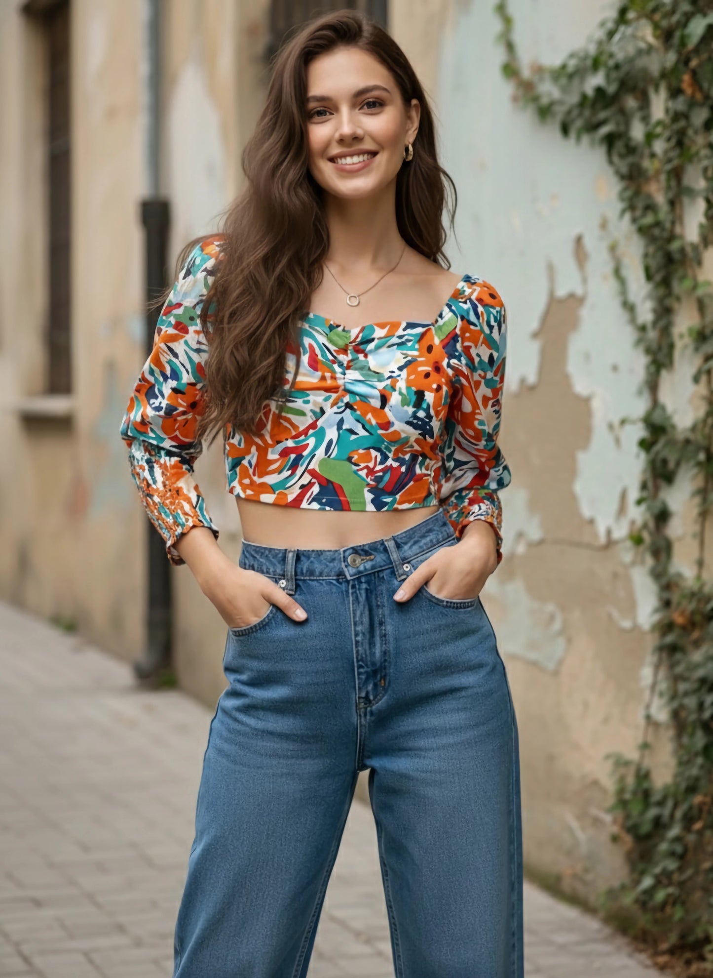 Berrylush Women White & Orange Abstract Printed Sweetheart Neck Three-Quarter Sleeve Smocked Crepe Crop Top