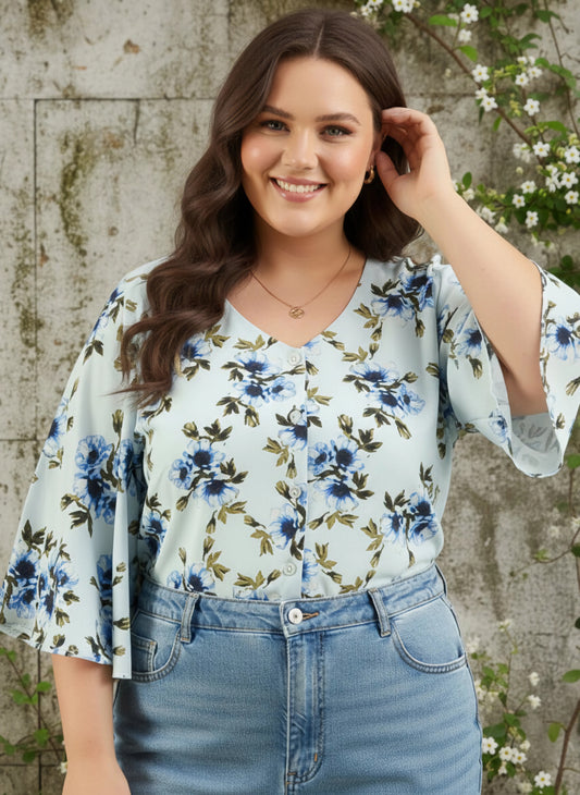 Berrylush Curve Women Green & Blue Floral Printed V-Neck Batwing Sleeves Front Button-Up Regular Top