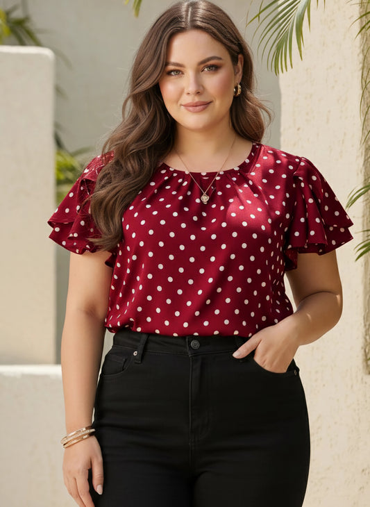 Berrylush Curve Women Red & White Polka Dot Printed Round Neck Puff Sleeves Straight Hem Pleated Regular Top