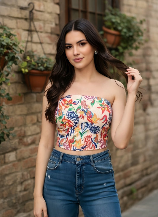 Berrylush Women Multi Color Floral Print Strapless Tube Crop Top