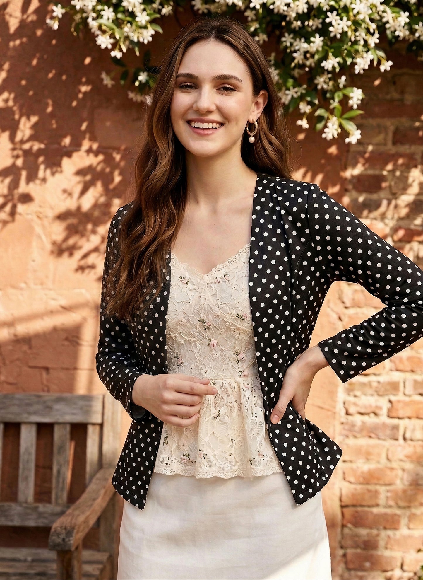Berrylush Women Black & White Polka Dot Printed Collarless Open Front Straight Jacket