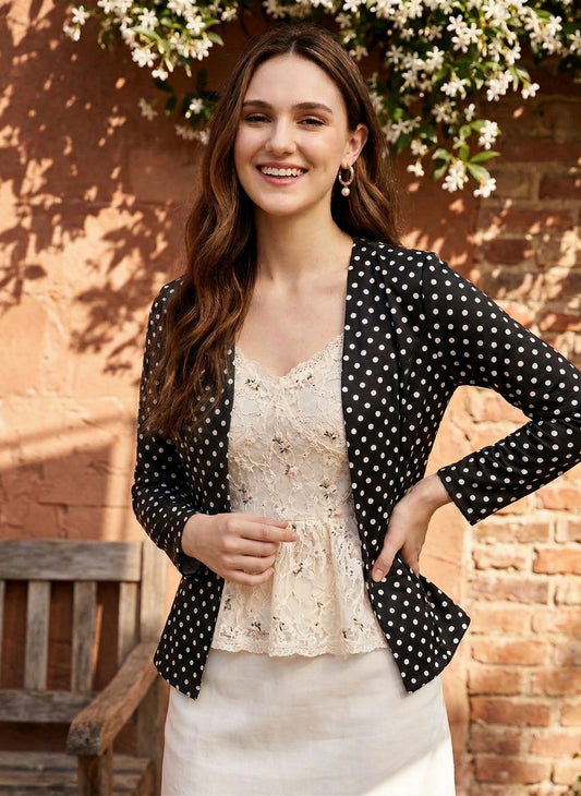 Berrylush Women Black & White Polka Dot Printed Collarless Open Front Straight Jacket