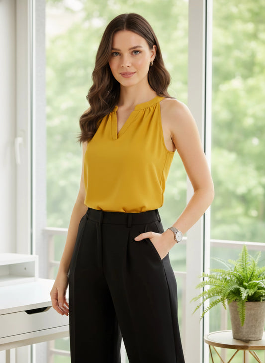 Berrylush BIZwear Women Solid Yellow Notched Neck Sleeveless Polyester Regular Top