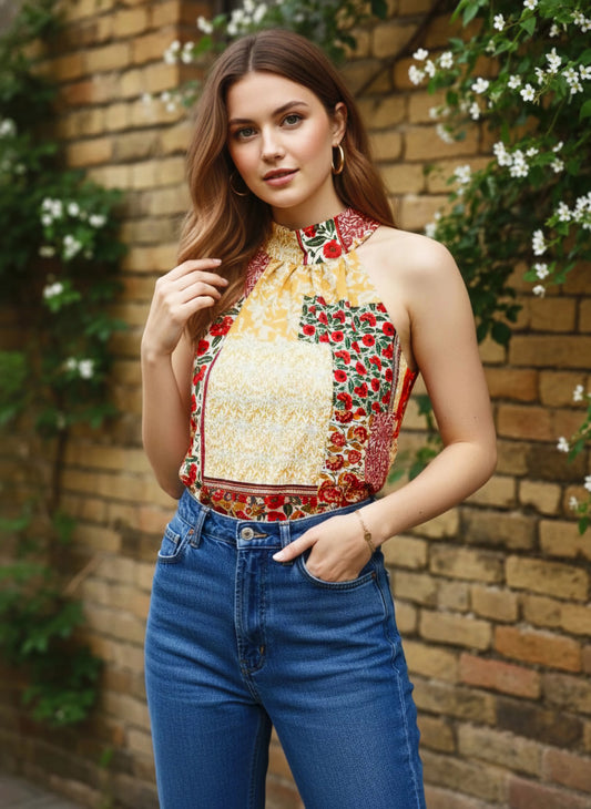 Berrylush Women Red & Yellow Ethnic Motifs Printed Halter Neck Sleeveless Button-Up Crepe Regular Top