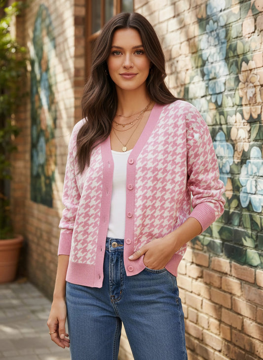 Berrylush Women Pink & White Houndstooth Printed V-Neck Drop-Shoulder Sleeves Front Button-Up Acrylic Straight Hem Knitted Regular Cardigan