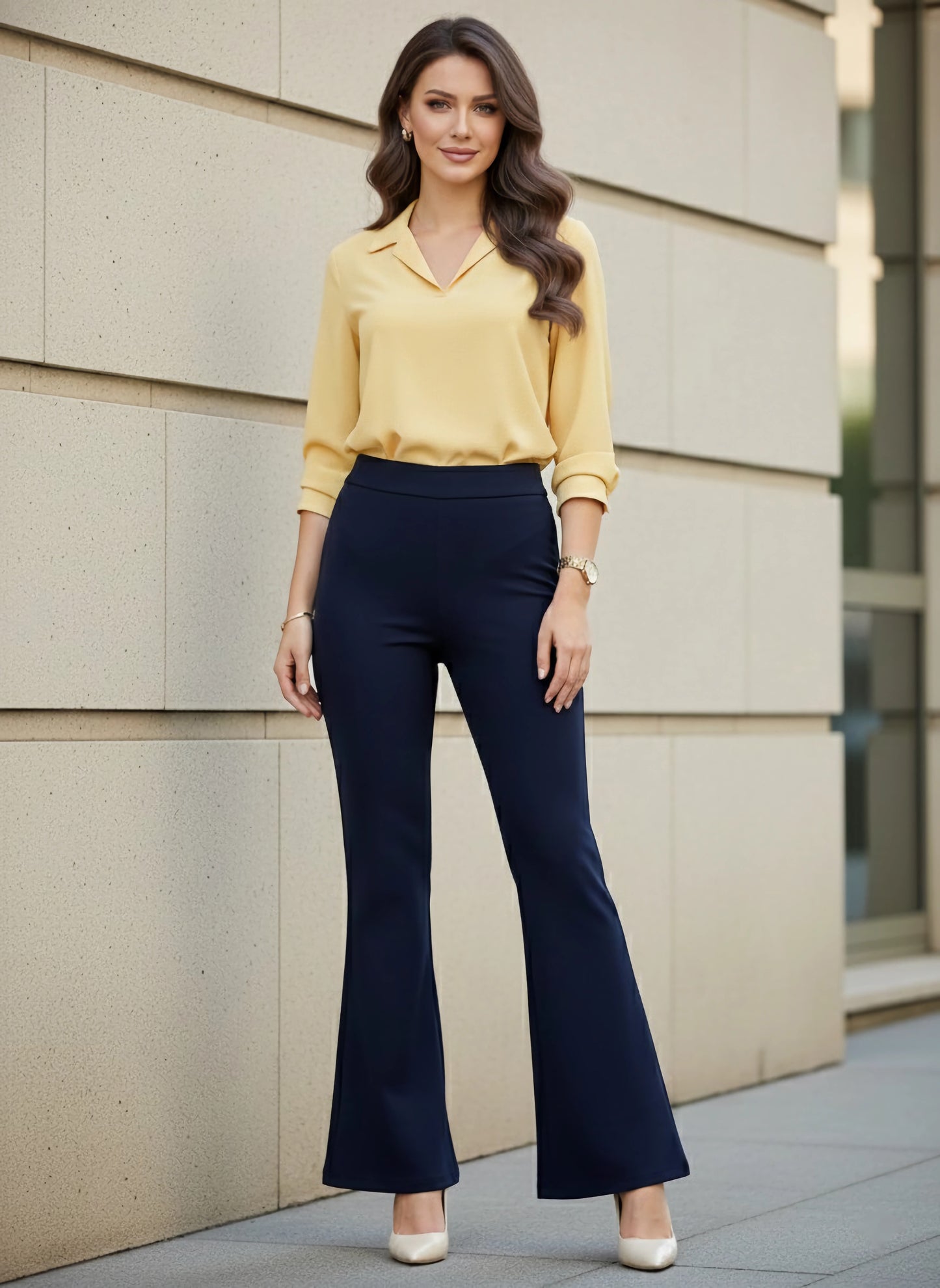Berrylush BIZwear Women Solid Navy Blue High-Rise Waist Polyester Slip-On Flared Regular Trousers