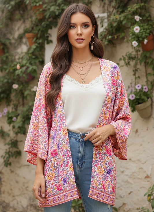 Berrylush Women Pink & White Floral Printed Open-Front Straight Hem Regular Shrug