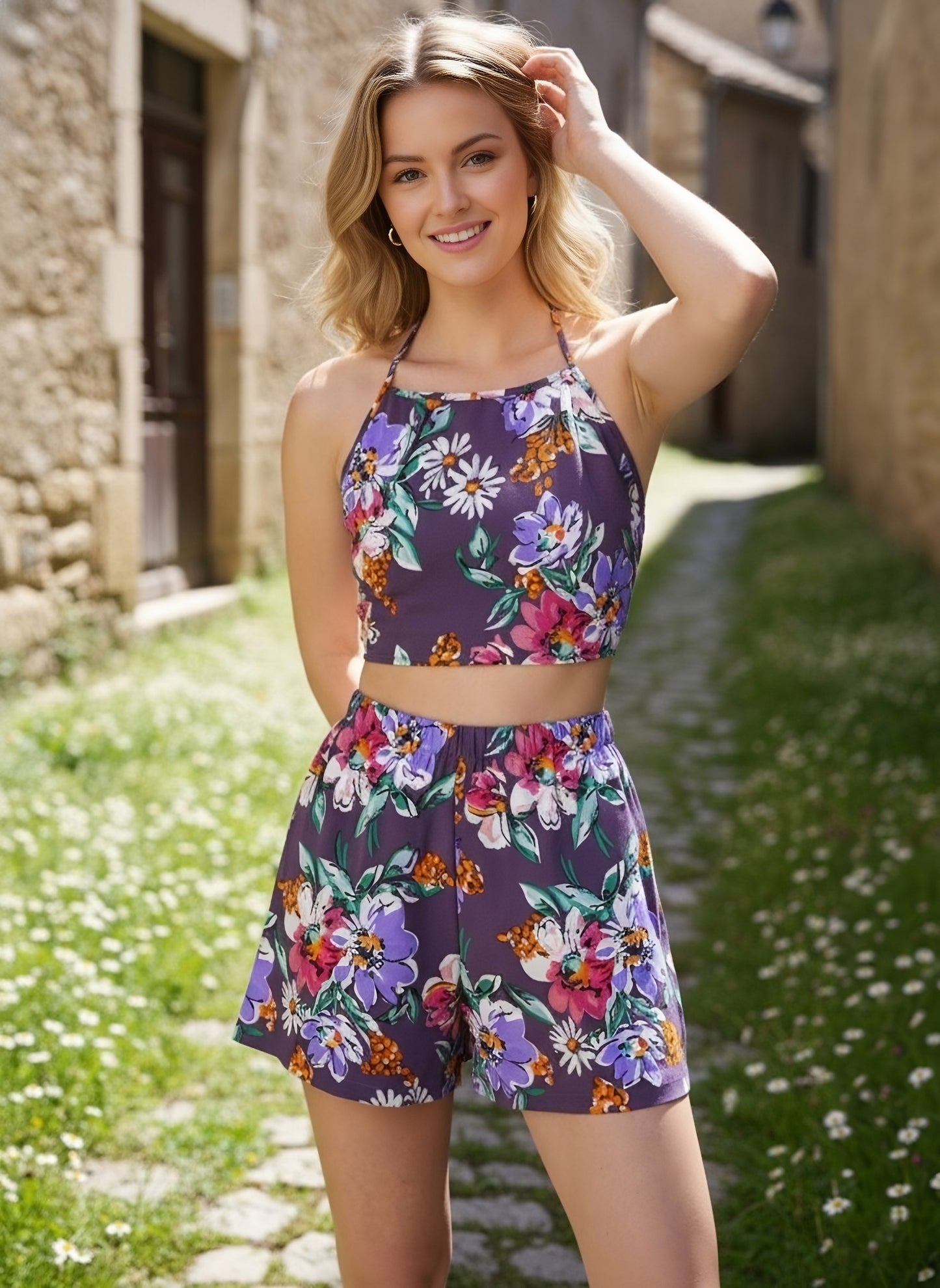 Berrylush Women Purple & White Floral Printed Halter Neck Back Tie-up Co-Ordinate Set