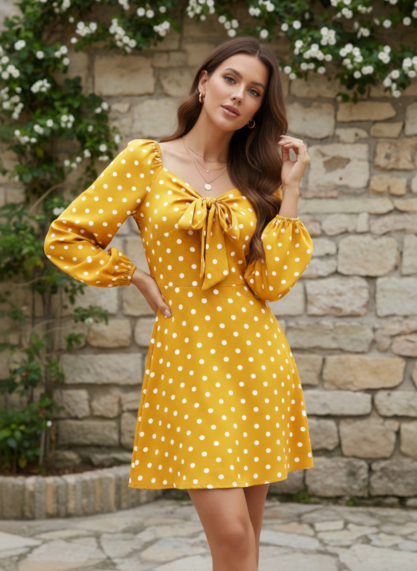 Berrylush Women Yellow Polka Dot Printed Tie-Up Sweetheart Neck Flared A-Line Mini Dress