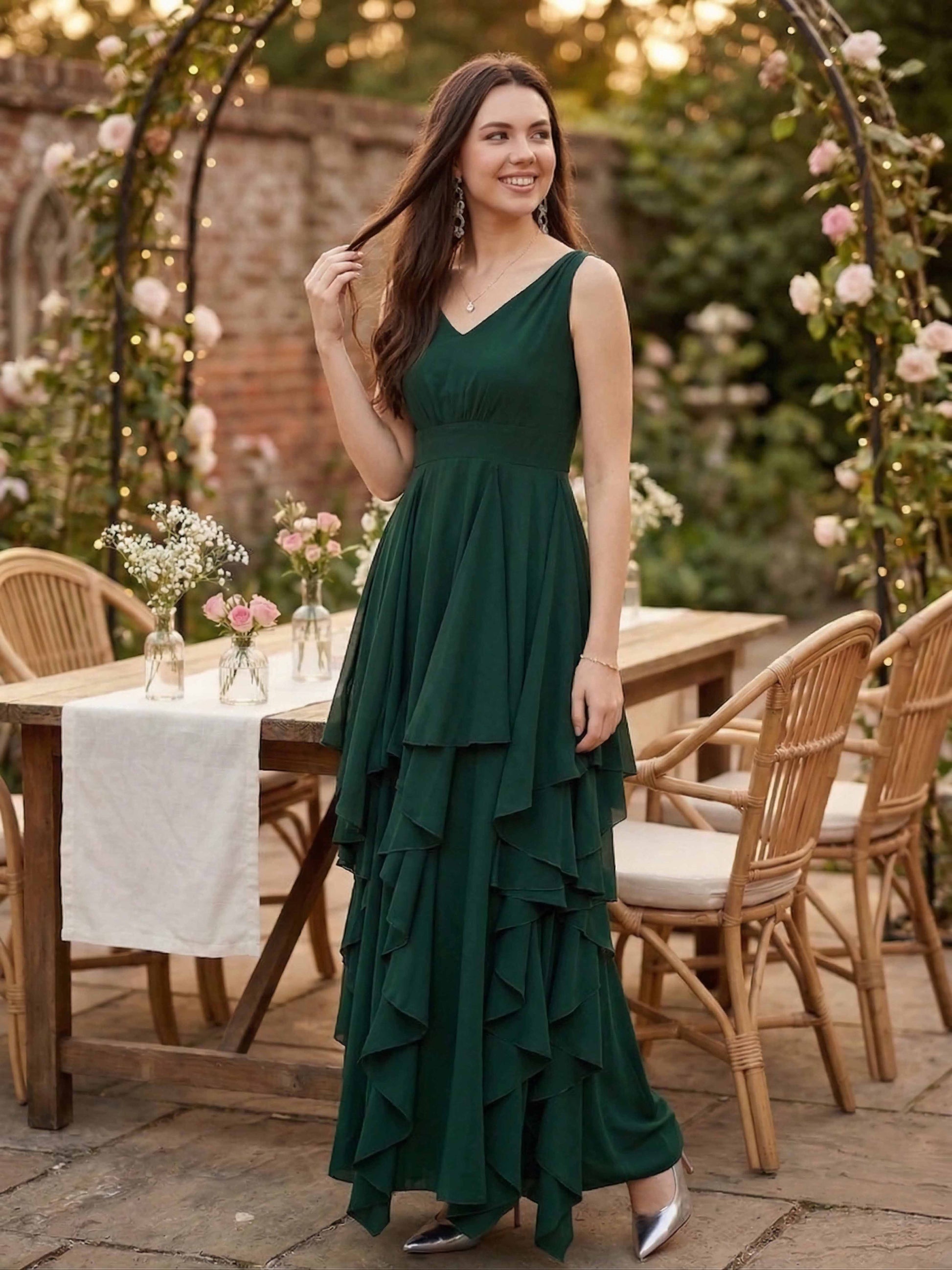 Berrylush Women Solid Green V-Neck Crepe Asymmetrical Hem Ruffled Maxi