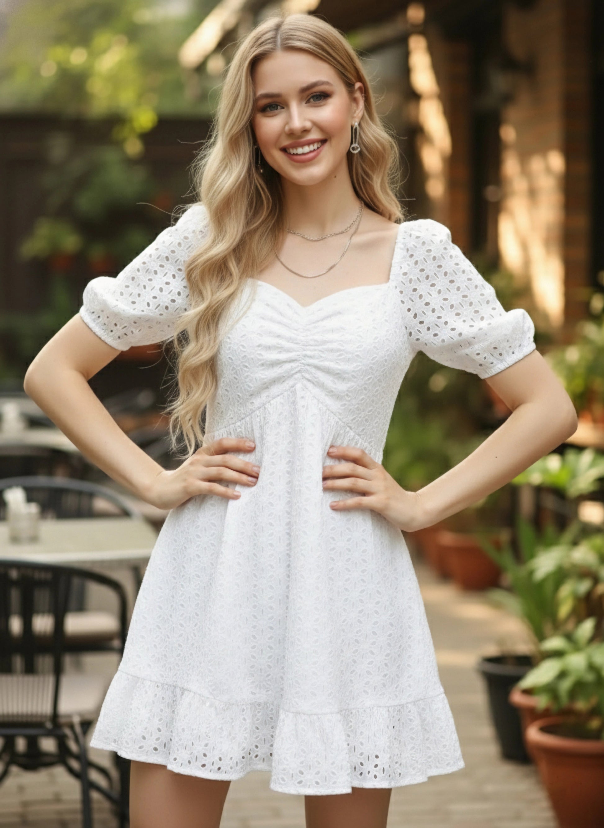 Women Solid White Sweetheart Neck Schiffli Flounce Hem Pleated A-Line Mini Dress - Berrylush Women Solid White Sweetheart Neck Schiffli Flounce Hem Pleated A-Line Mini Dress - Berrylush