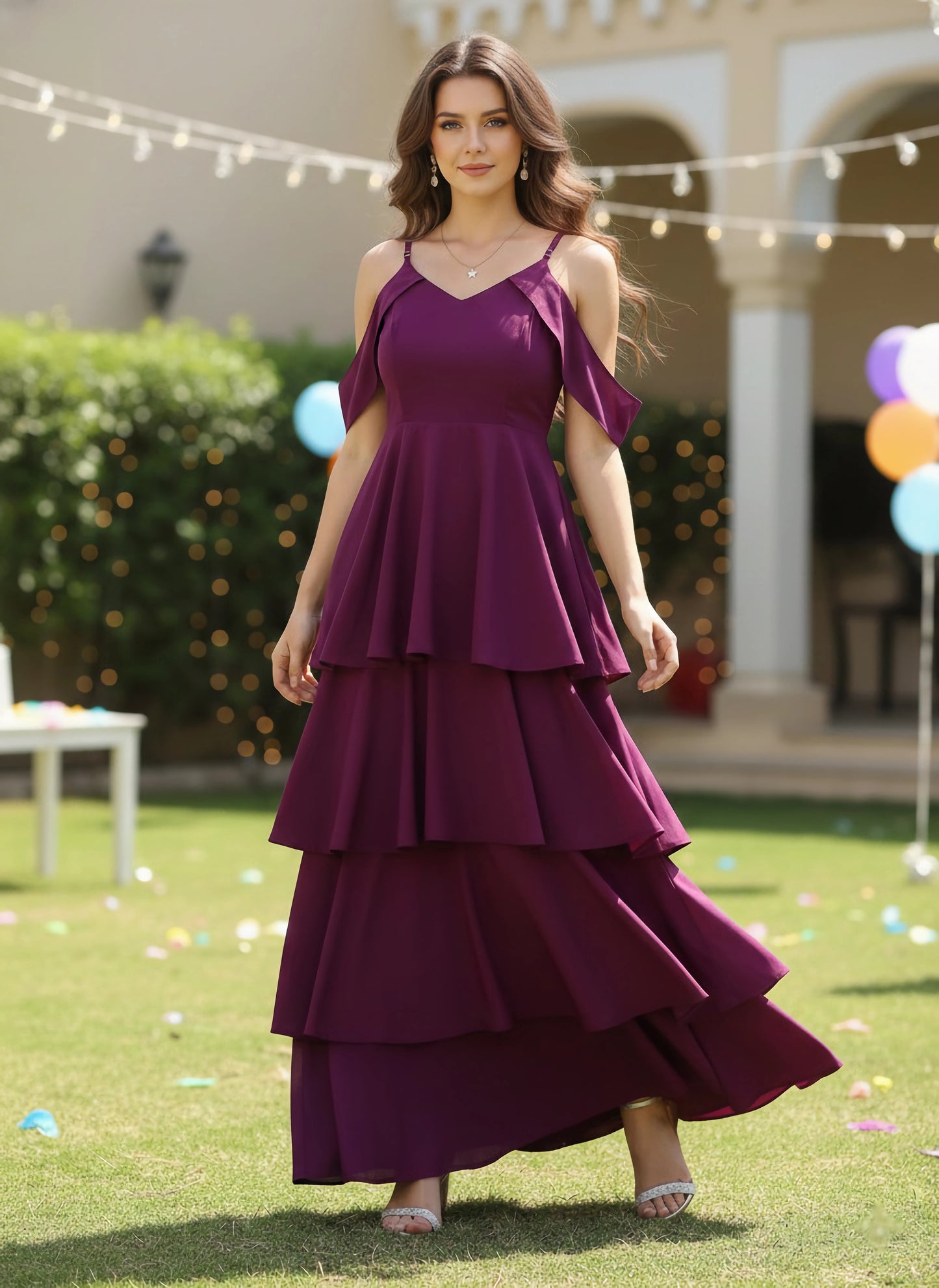 Berrylush Women Solid Purple V-Neck Crepe Layered Maxi Dress