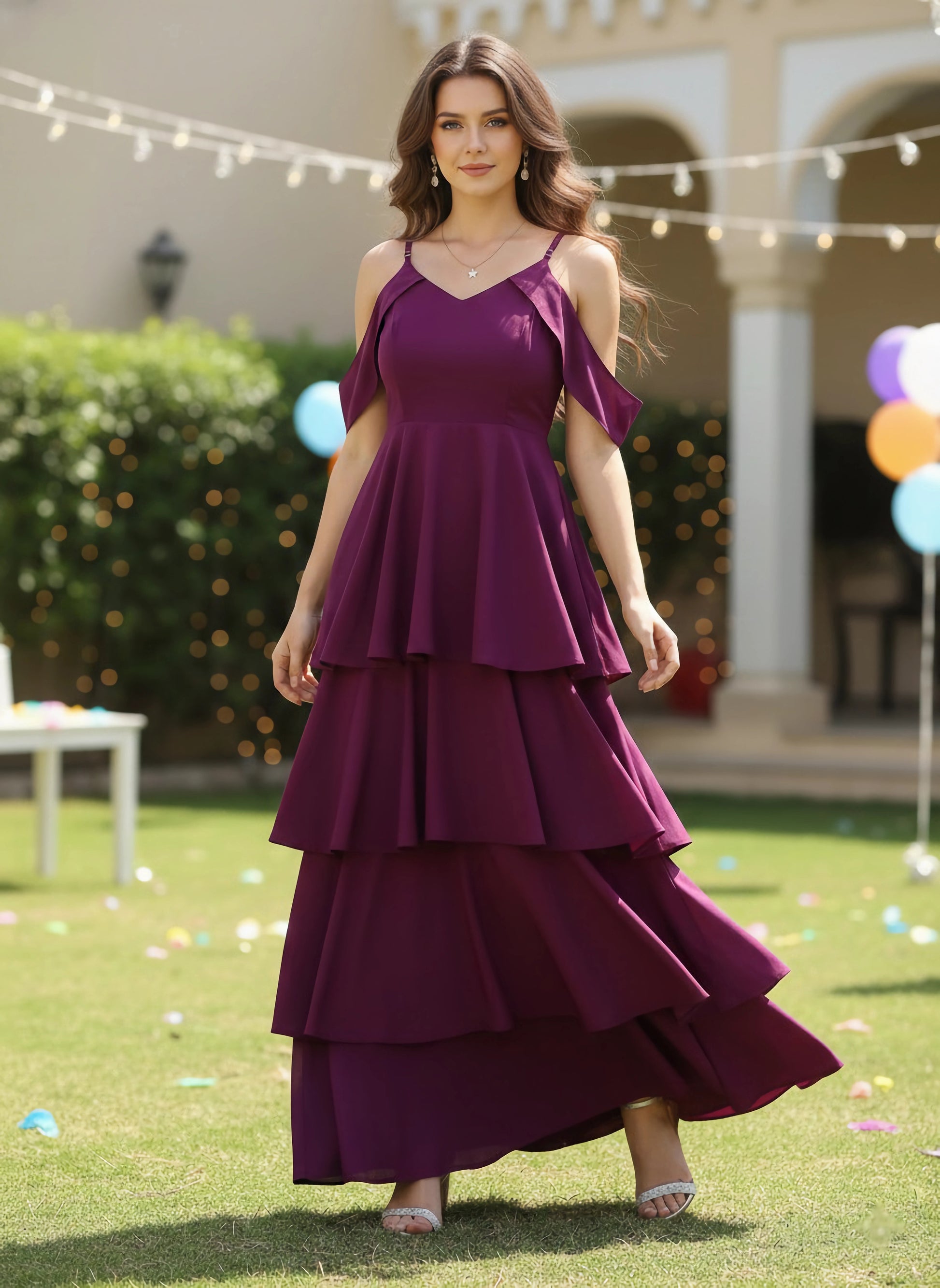Berrylush Women Solid Purple V-Neck Crepe Layered Maxi Dress
