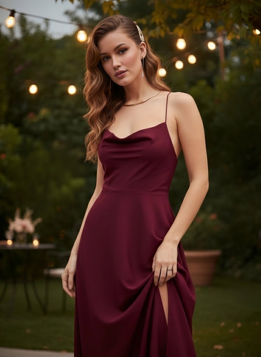 Berrylush Women Solid Maroon Cowl Neck Sleeveless Lace-Up Backless Thigh-High Slit Flared Maxi Dress