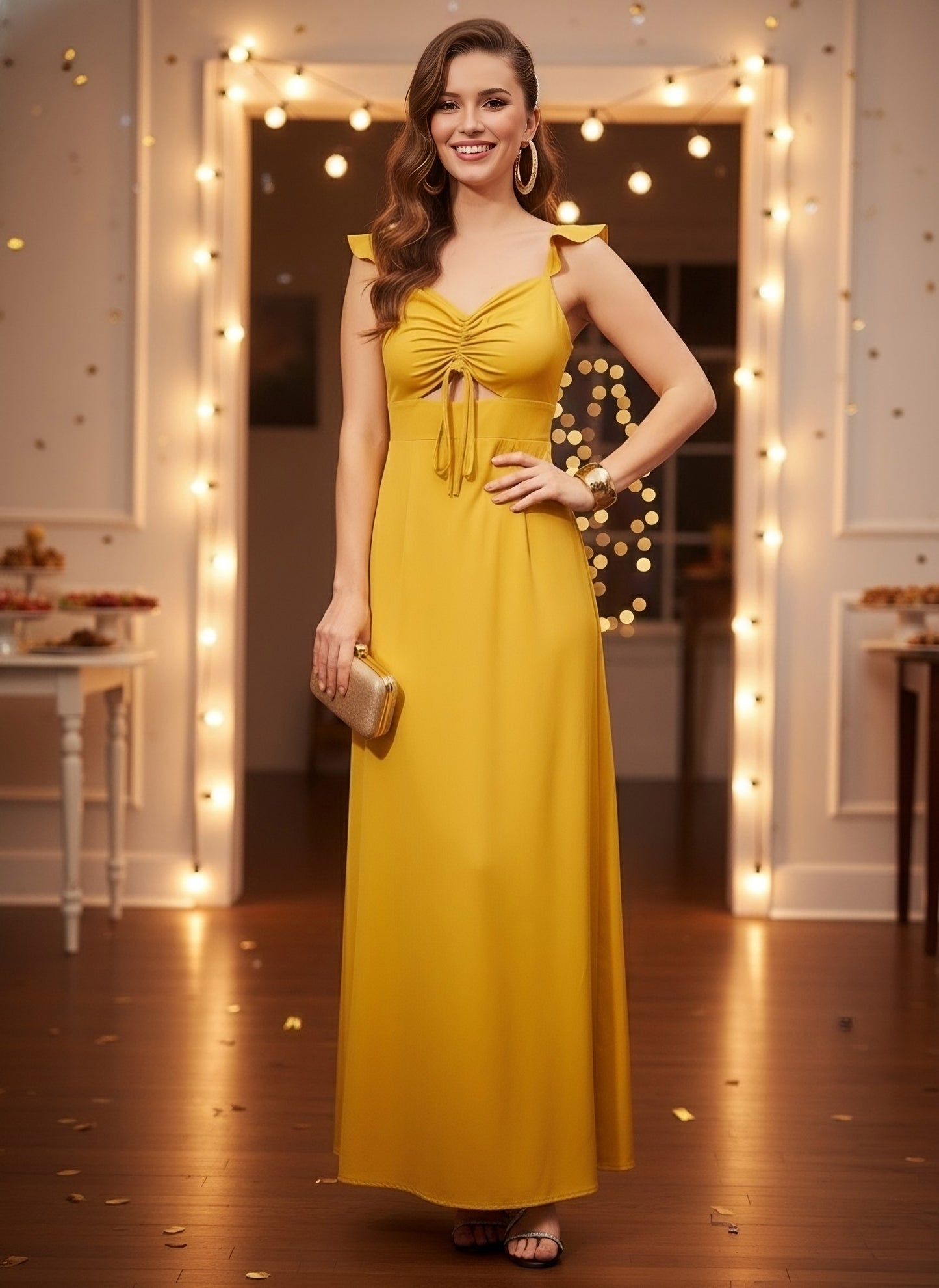 Berrylush Women Solid Yellow Sweetheart Neck Front Tie-Up Cutout Thigh-High Slit Ruched Maxi Dress
