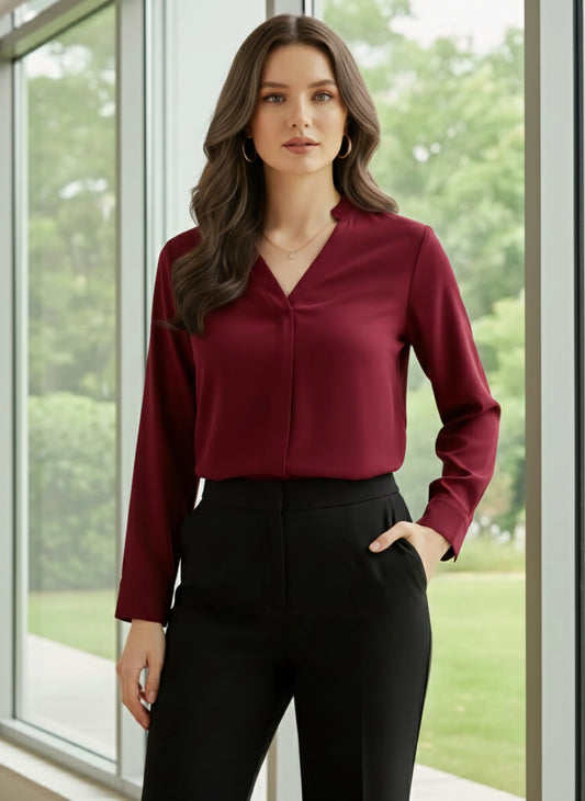 BIZwear Solid Red V-Neck Cuffed Sleeve Polyester Ruffled Regular Shirt Top