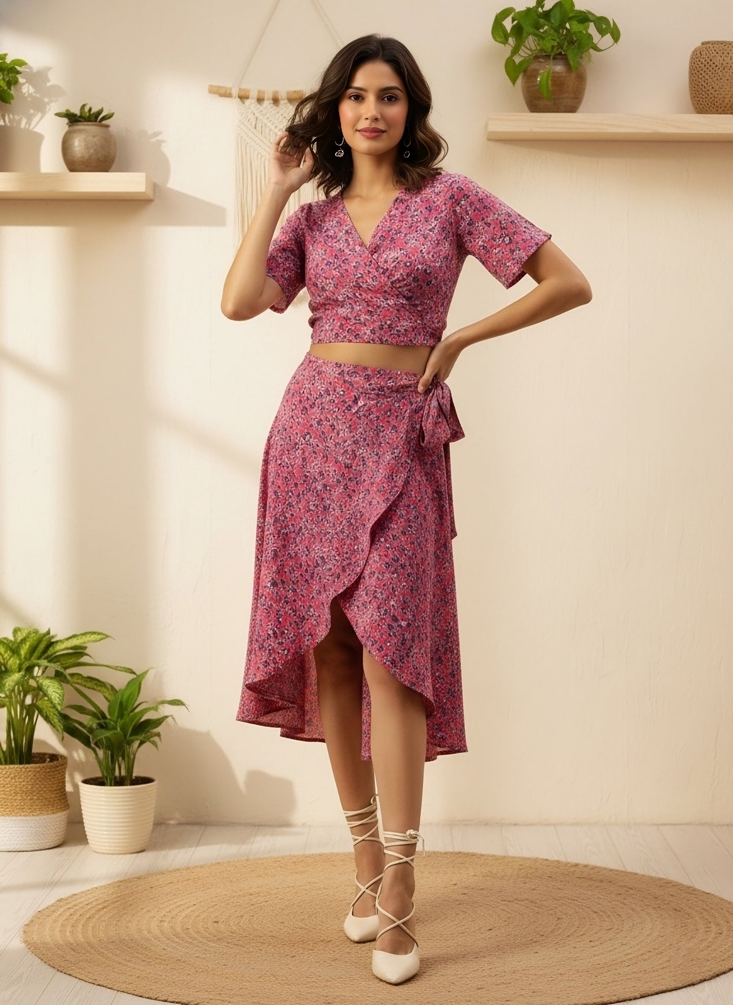 Berrylush Women Pink V-Neck Floral Printed Mini Dress