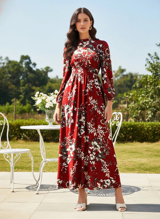 Berrylush Women Maroon Floral Printed Mock Neck A-Line Maxi Dress