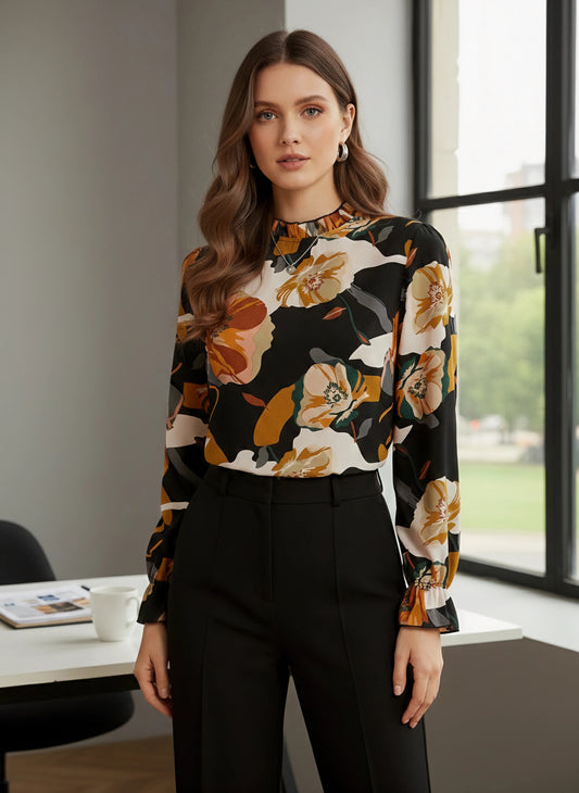 Berrylush BIZwear Women Black & Orange Floral Printed High-Neck Bishop Sleeve Ruffled Regular Top