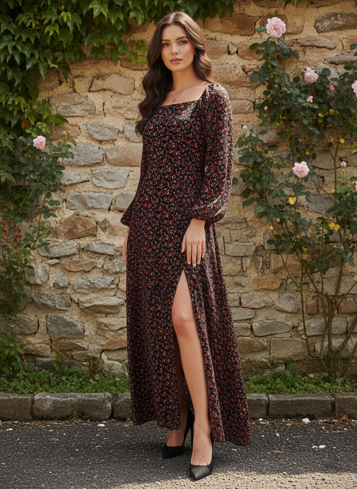 Berrylush Women Black & Red Floral Printed Square Neck Puff Sleeves Cr