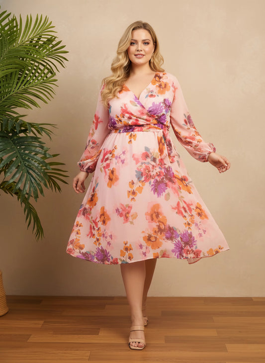 Berrylush Curve Women Pink & Purple Floral Printed V-Neck Bishop Sleeves Tie-Up Waist Pleated Fit & Flare Mini Dress
