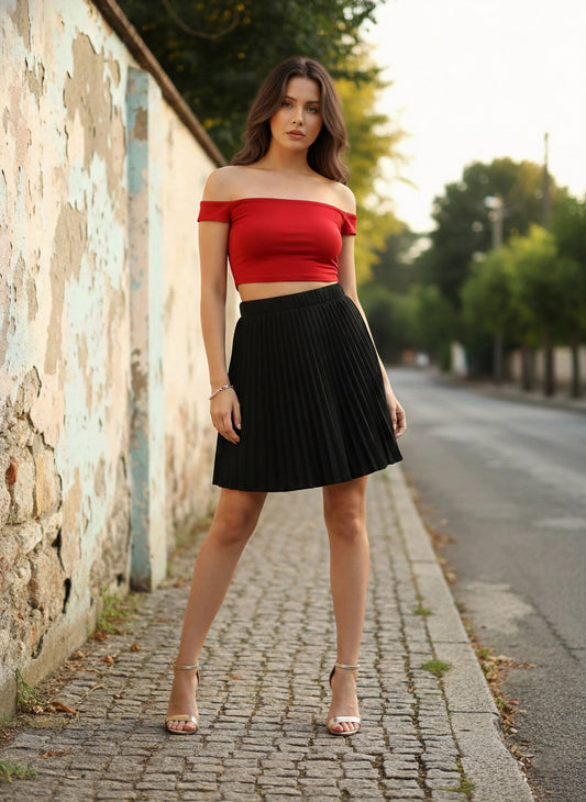 Berrylush Women Solid Black Elastic Waist Accordion Pleat Slip-On Flared Mini Skirt