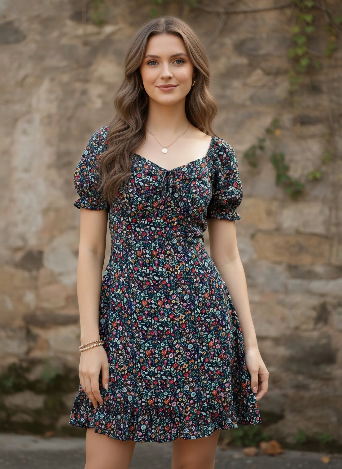 Berrylush Women Navy Blue Floral Printed Sweetheart Neck Crepe A-Line Mini Dress