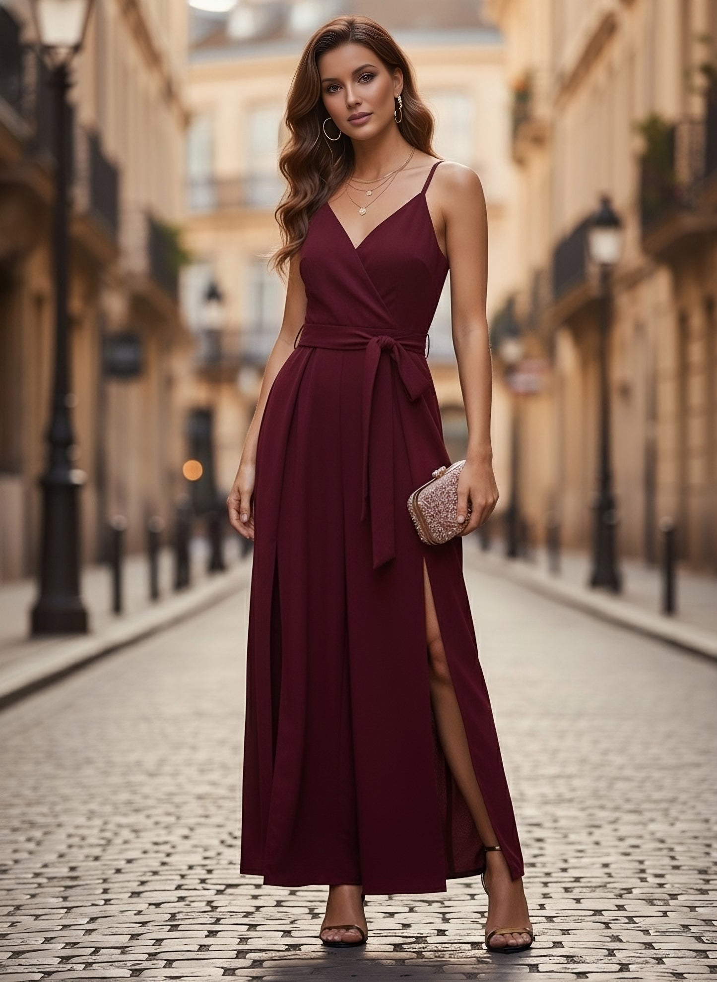 Berrylush Women Solid Maroon V-Neck Sleeveless Tie-Up Waist Thigh-High Slits Pleated Maxi Jumpsuit