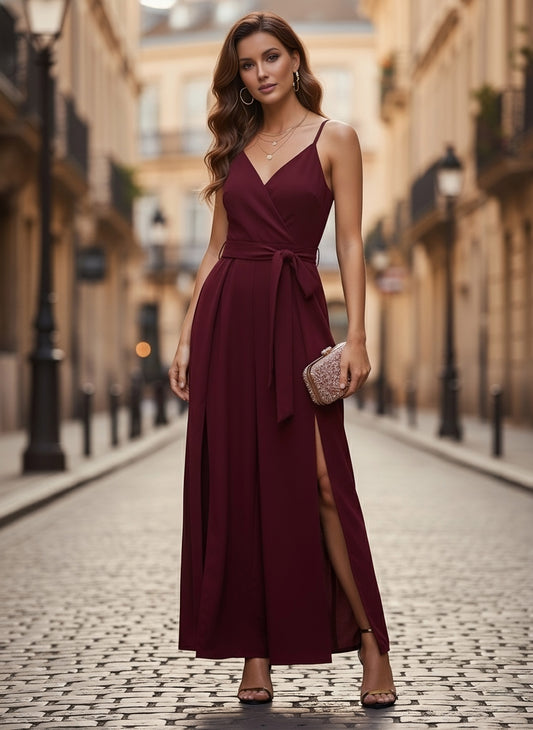 Berrylush Women Solid Maroon V-Neck Sleeveless Tie-Up Waist Thigh-High Slits Pleated Maxi Jumpsuit